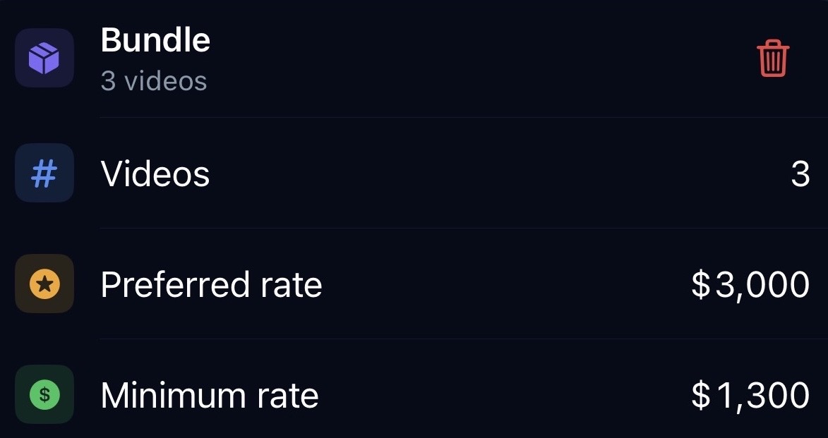 Rate card showing bundle pricing