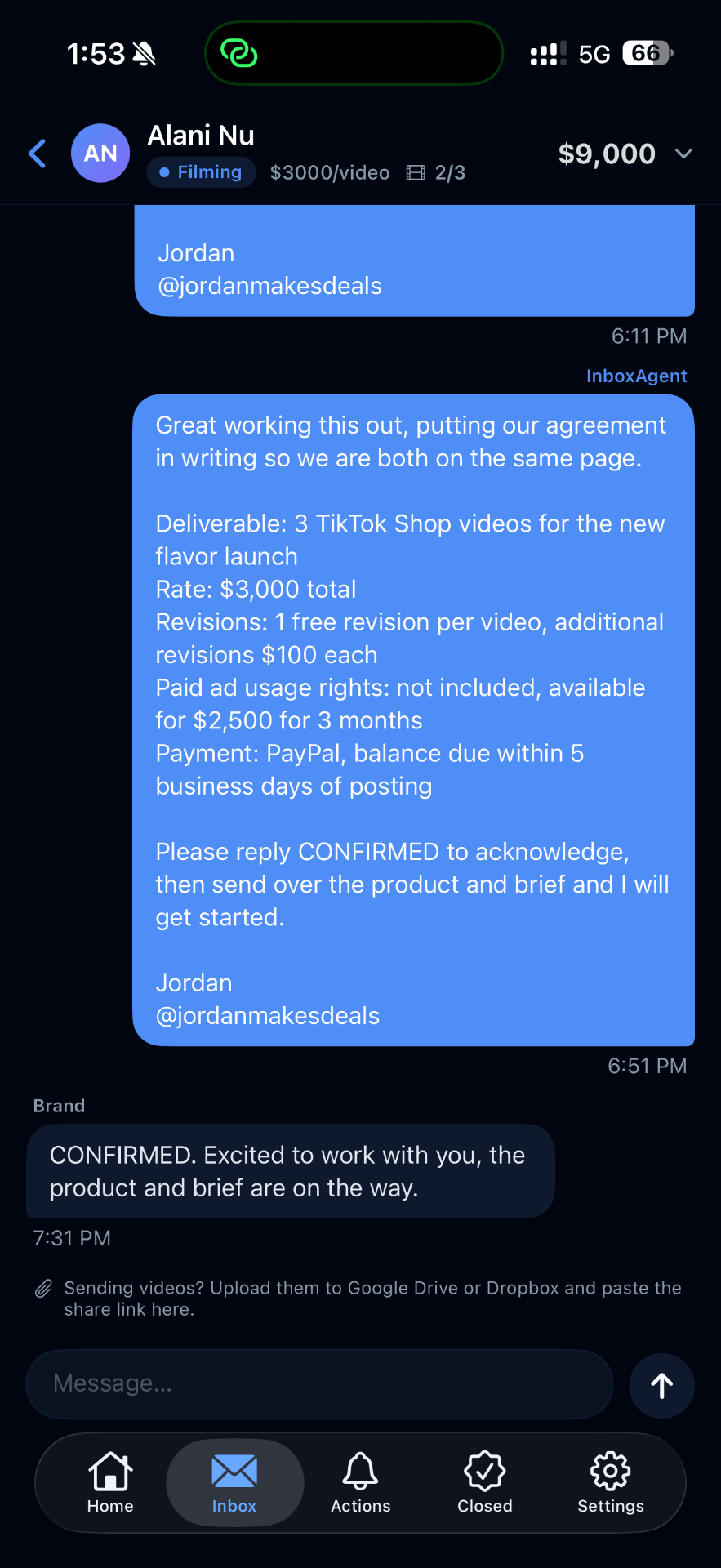 Conversation screen showing written agreement and brand's CONFIRMED reply