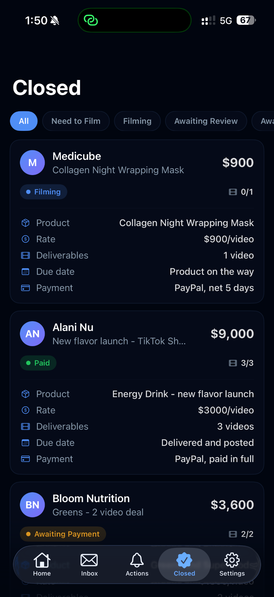 Closed deals screen with stage tags and detail rows