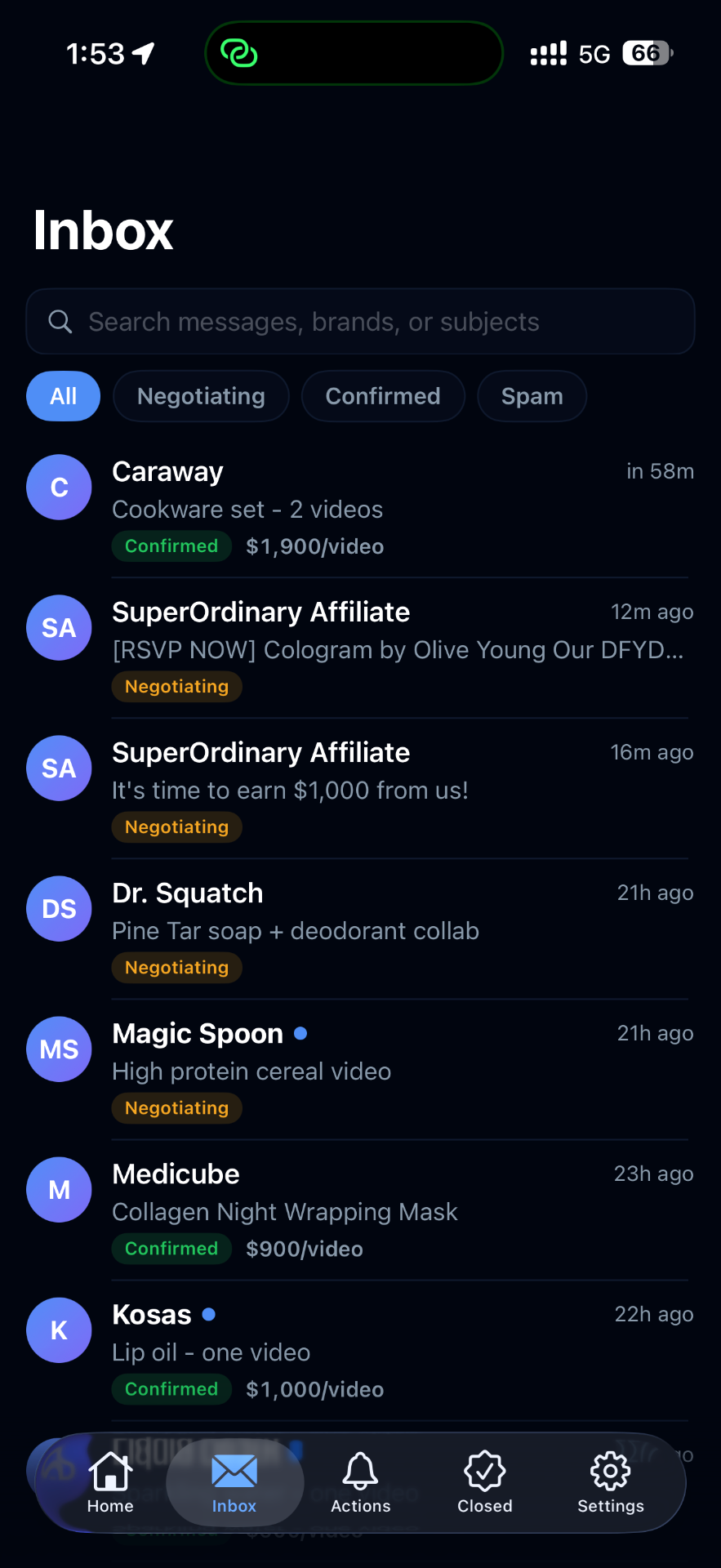 Inbox screen with stacked brand threads