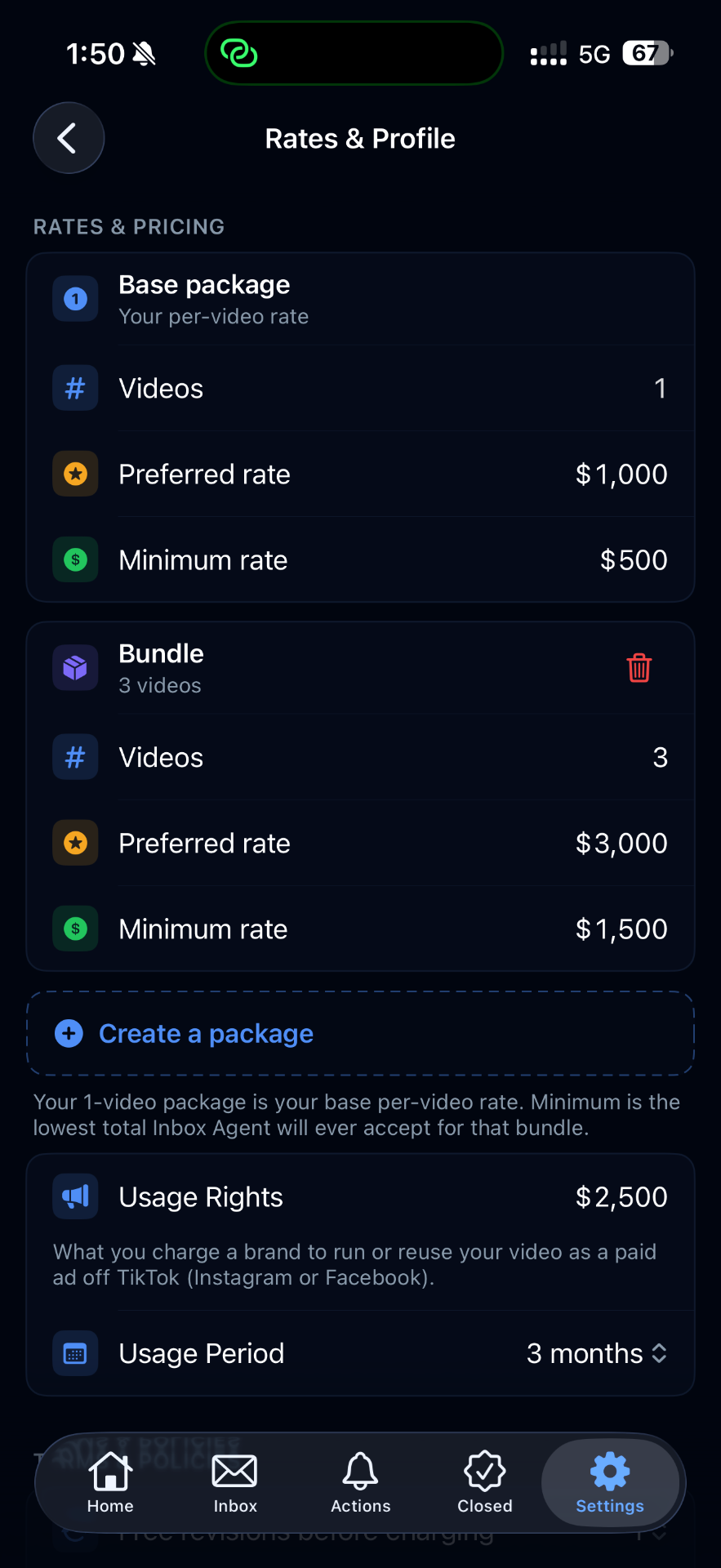 Rates & Profile screen showing base package and bundle pricing