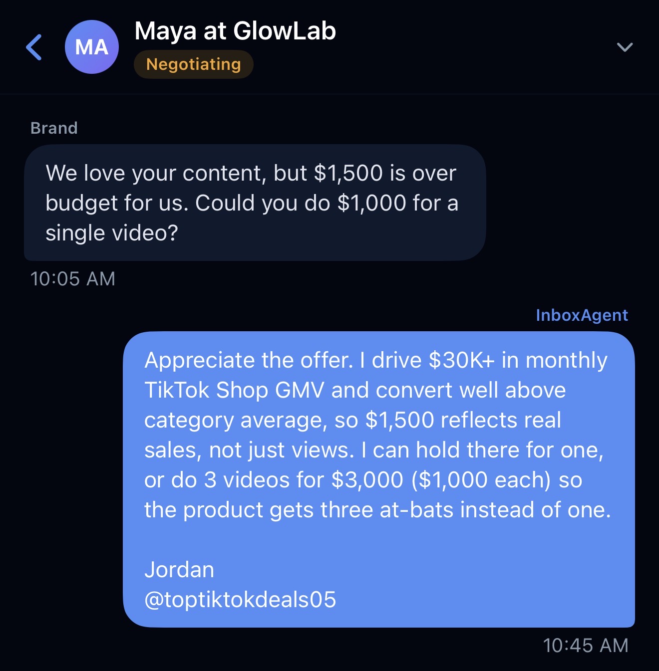 Chat thread of Inbox Agent negotiating with a brand
